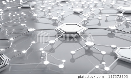 Network connectivity concept with central hexagonal processor chip connecting to distributed nodes on futuristic circuit board technology background 137378593
