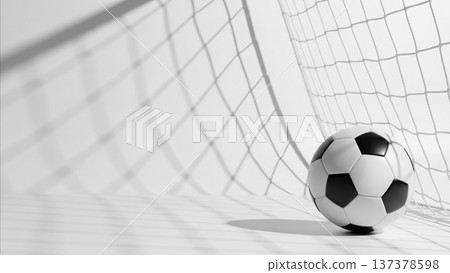 Soccer ball in goal net black and white monochrome sports photography concept background 137378598