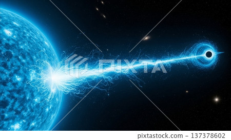 Black hole consuming blue planet with energy beam and lightning effects in deep space cosmic destruction scene 137378602