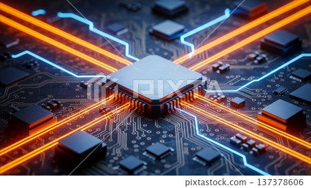 Central processing unit CPU chip with glowing orange blue circuit board connections data flow visualization technology concept 137378606