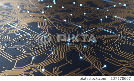 Circuit board with glowing blue LED lights and golden copper traces showing electronic pathways and connections in close-up macro view 137378607