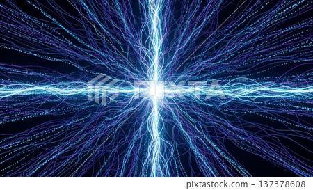 Digital neural network artificial intelligence data streams radiating from bright central core with electric blue purple energy patterns on dark background 137378608