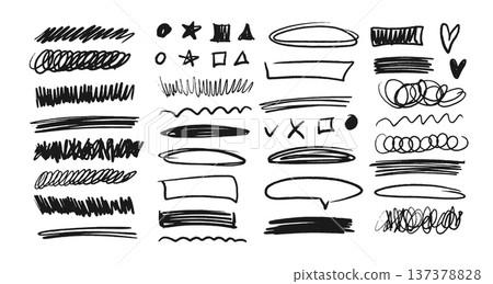 Modern abstract scribble vector pack. Trendy chaotic pen strokes and hand drawn messy pencil doodles. Expressive freehand line art elements for contemporary branding, social media or collage design. Modern abstract scribble vector pack. Trendy chaotic pen strokes and hand drawn messy pencil doodles. Expressive freehand line art elements for contemporary branding, social media or collage design. 137378828