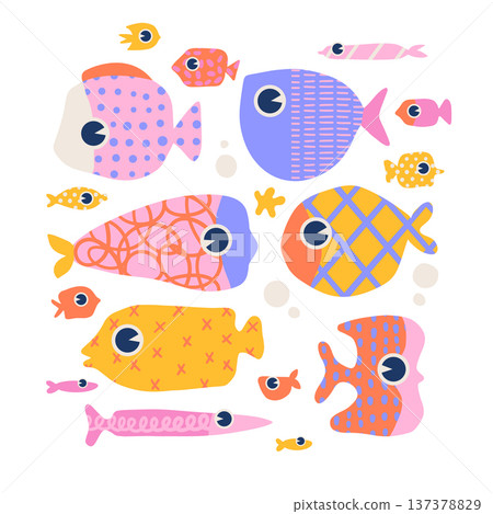 Quirky fish set with geometric patterns. Hand drawn colorful abstract sea animals collection. Cute and strange underwater characters for childish stickers, baby textile and funky marine poster. Vector Quirky fish set with geometric patterns. Hand drawn colorful abstract sea animals collection. Cute and strange underwater characters for childish stickers, baby textile and funky marine poster. Vector 137378829