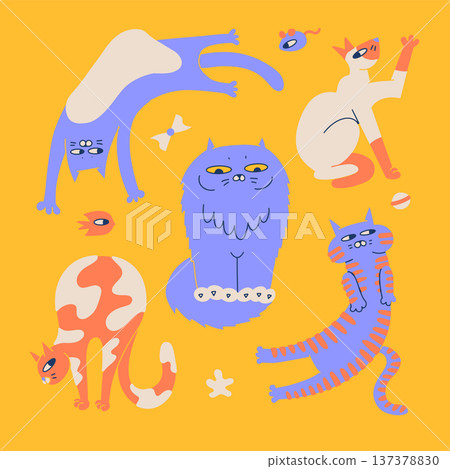 Quirky cats vector collection on yellow background. Hand drawn funny weird feline characters in abstract colorful style. Cute and adorkable pet animal set for childish stickers, kids print and design. Quirky cats vector collection on yellow background. Hand drawn funny weird feline characters in abstract colorful style. Cute and adorkable pet animal set for childish stickers, kids print and design. 137378830