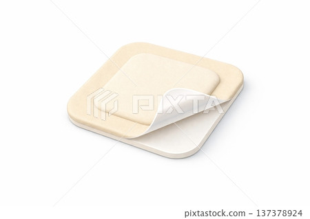 透皮貼片的三維圖示。貼片和藥用貼片的醫用材料。帶有藥物儲存層的離型紙的三維圖示。 137378924