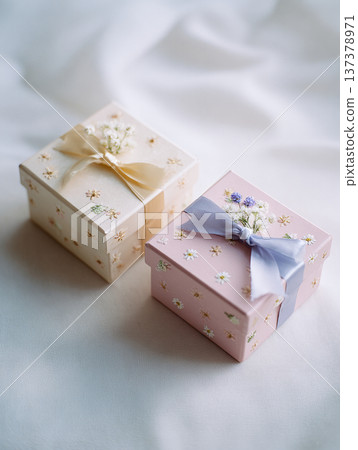 wrapped gift box with ribbon and flowers, generative ai 137378971