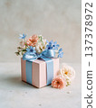 wrapped gift box with ribbon and flowers, generative ai 137378972