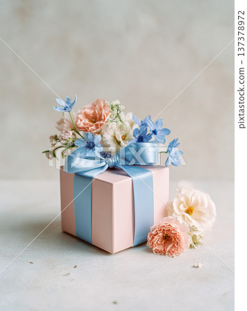 wrapped gift box with ribbon and flowers, generative ai 137378972
