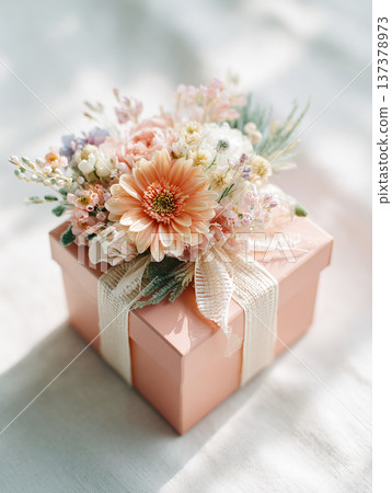 wrapped gift box with ribbon and flowers, generative ai 137378973