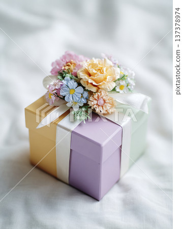wrapped gift box with ribbon and flowers, generative ai 137378974