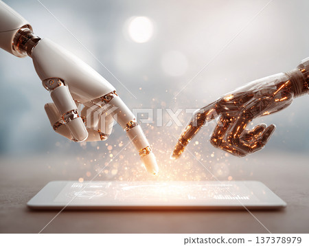 two different robotic hands over tablet, generative ai 137378979