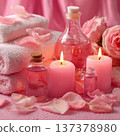 pink scented glowing candles and massage oil, generative ai 137378980