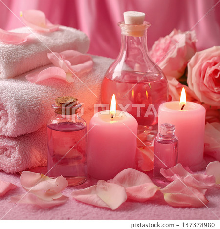 pink scented glowing candles and massage oil, generative ai 137378980