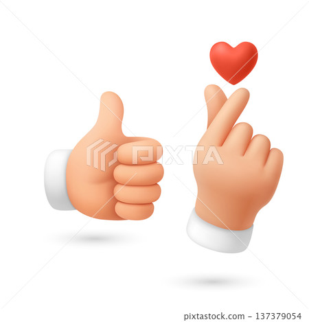 Vector 3d Like and Love Hands and Heart Set, Isolated. Like and Love Hands. Thumbs Up and Finger Heart Gesture with Red Heart Icon. Social Media Reaction Symbol, Isolated Vector 3d Like and Love Hands and Heart Set, Isolated. Like and Love Hands. Thumbs Up and Finger Heart Gesture with Red Heart Icon. Social Media Reaction Symbol, Isolated 137379054