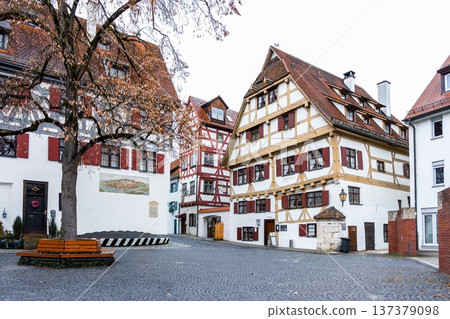 Historic Zunfthaus der Schiffleute, a traditional guildhouse in Ulm, Germany. Features half-timbered architecture with a sloped roof and decorative windows. 137379098