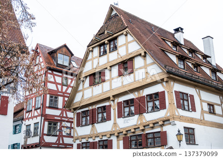 Historic Zunfthaus der Schiffleute, a traditional guildhouse in Ulm, Germany. Features half-timbered architecture with a sloped roof and decorative windows. 137379099