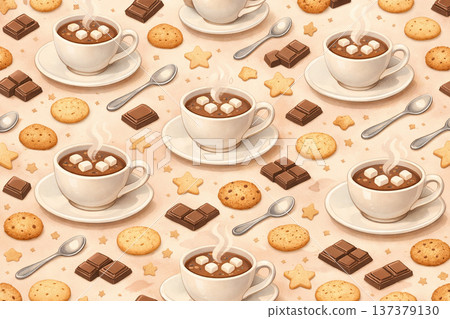 Sweet Beverage Background with Cocoa Cups and Chocolate Bars 137379130