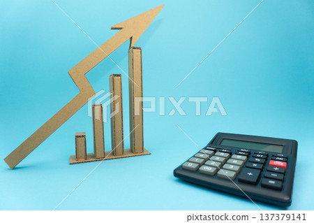 Growth chart with bars and calculator on blue background for business analysis and financial planning Growth chart with bars and calculator on blue background for business analysis and financial planning 137379141