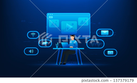 Technology background featuring a man live streaming digital icons for live broadcast, social media interaction, and online content creation, representing streaming technology, influencer culture 137379179