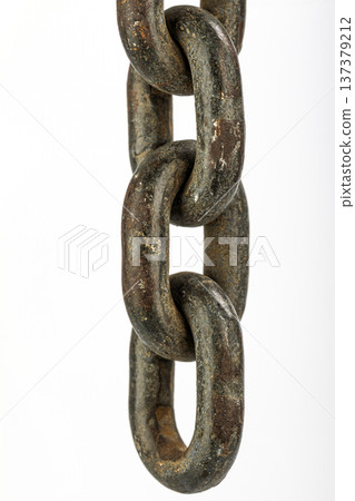 Close-up of a heavy metal chain link isolated on white background Close-up of a heavy metal chain link isolated on white background 137379212