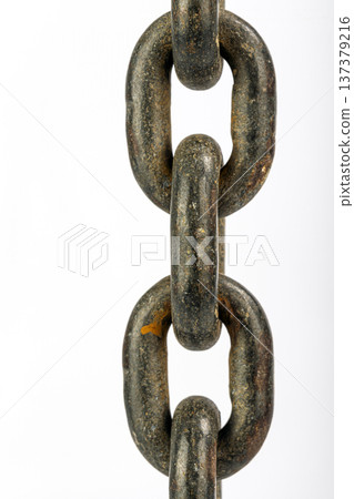 Close up of industrial chain with copy space isolated on white background Close up of industrial chain with copy space isolated on white background 137379216