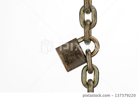 Locked padlock on rusty chain with copy space isolated on white background 137379220