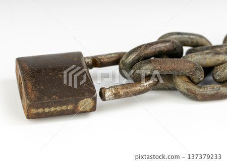 Rusty unlocked padlock isolated on white background 137379233