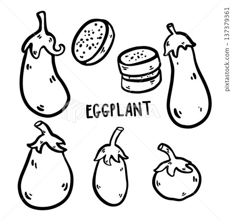 Hand drawn doodle eggplant illustration. Eggplants of different shapes, whole and sliced pieces isolated on white background. Simple outline drawing suitable for food design, packaging, branding, Hand drawn doodle eggplant illustration. Eggplants of different shapes, whole and sliced pieces isolated on white background. Simple outline drawing suitable for food design, packaging, branding, 137379361
