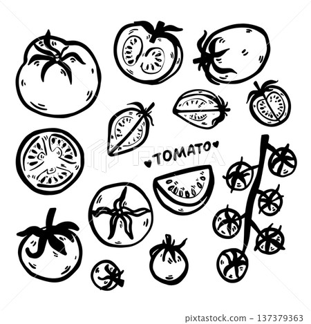 Hand drawn doodle tomato illustration. Whole, halved, quartered tomatoes, and cherry tomatoes isolated on white background. Simple outline drawing suitable for food design, packaging, branding, 137379363