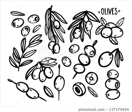 Hand drawn doodle olive illustration. Whole olives and sliced pieces isolated on white background. Simple outline drawing suitable for food design, packaging, branding, prints, menus, and healthy Hand drawn doodle olive illustration. Whole olives and sliced pieces isolated on white background. Simple outline drawing suitable for food design, packaging, branding, prints, menus, and healthy 137379404
