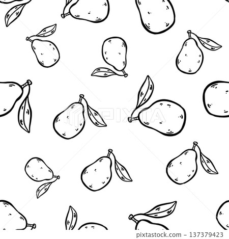 Hand drawn doodle pear seamless pattern. Repeating pears isolated on white background. Simple outline design suitable for textiles, wallpapers, packaging, prints, stickers, and food-themed projects. Hand drawn doodle pear seamless pattern. Repeating pears isolated on white background. Simple outline design suitable for textiles, wallpapers, packaging, prints, stickers, and food-themed projects. 137379423