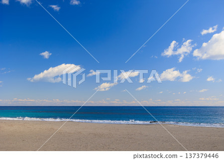 空曠的沙灘，湛藍的天空，朵朵白雲。 137379446