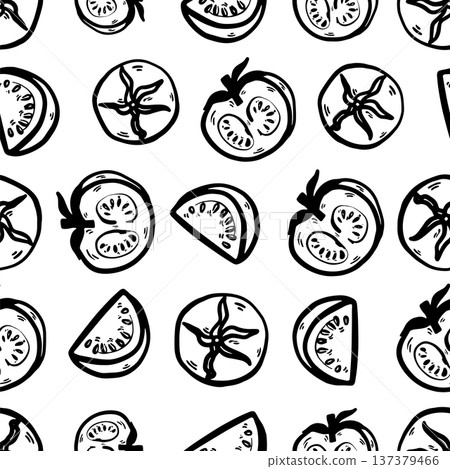 Hand drawn doodle tomato seamless pattern. Includes whole tomatoes and sliced pieces, isolated on white background. Simple outline design suitable for textiles, wallpapers, packaging, prints, 137379466