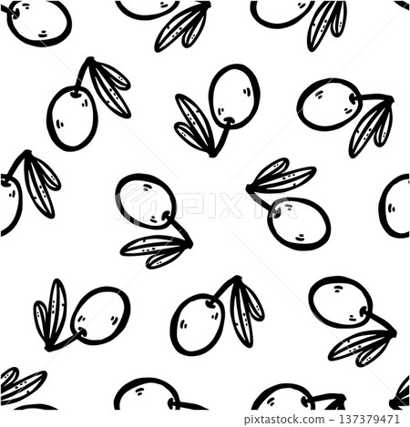Doodle olives seamless pattern. Repeating whole olives isolated on white background. Design suitable for textiles, wallpapers, packaging, prints, stickers, and food-themed projects. 137379471