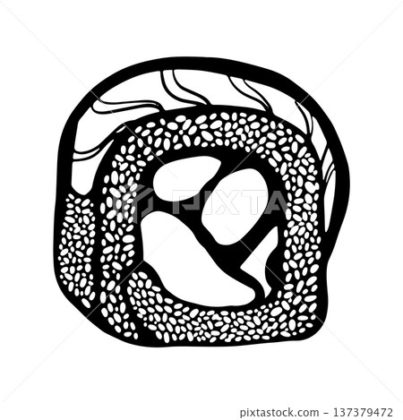 Hand drawn doodle sushi illustration. Single sushi piece isolated on white background. Simple outline drawing suitable for food design, packaging, branding, prints, menus, and Japanese cuisine 137379472