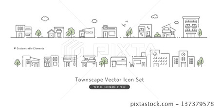 Cityscape icon set (line art/vector) Residential streetscapes including detached houses, apartment buildings, convenience stores, and stores. Cityscape icon set (line art/vector) Residential streetscapes including detached houses, apartment buildings, convenience stores, and stores. 137379578