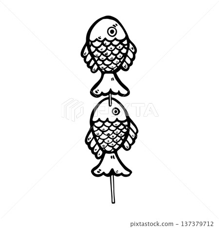 Doodle taiyaki on stick illustration. Japanese fish-shaped sweet dessert isolated on white background. Simple outline drawing suitable for food design Doodle taiyaki on stick illustration. Japanese fish-shaped sweet dessert isolated on white background. Simple outline drawing suitable for food design 137379712