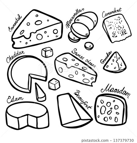 Hand drawn doodle cheese vector set. Includes mozzarella, cheddar, edam, gouda, and maasdam cheese pieces isolated on white background. Simple outline drawings suitable for food design, packaging 137379730
