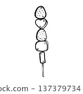 Hand drawn doodle dango illustration. Japanese sweet dumplings on a skewer isolated on white background. Simple outline drawing suitable for food design, packaging 137379734