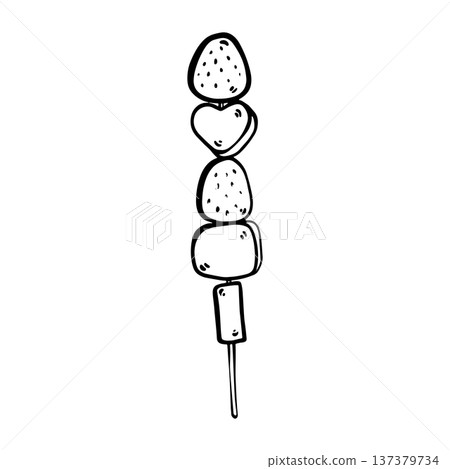 Hand drawn doodle dango illustration. Japanese sweet dumplings on a skewer isolated on white background. Simple outline drawing suitable for food design, packaging 137379734