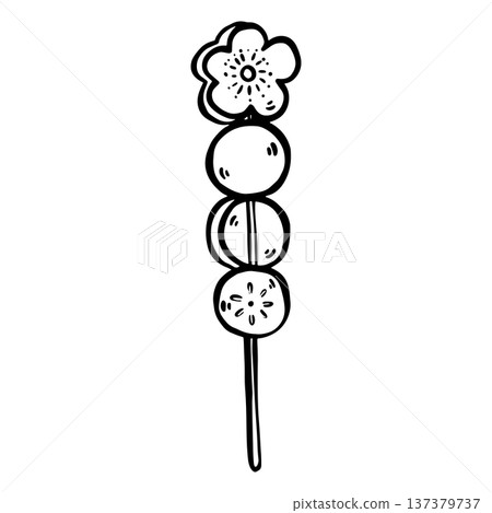 Doodle dango illustration. Japanese sweet mochi dessert on a skewer, isolated on white background. Cute and aesthetic design. Perfect for food, dessert, wagashi, and Japanese confectionery visuals. 137379737