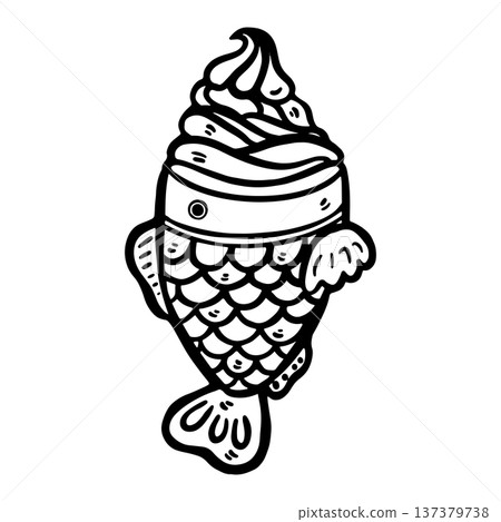 Doodle taiyaki illustration. Japanese fish-shaped sweet dessert isolated on white background. Simple outline drawing suitable for food design, packaging 137379738
