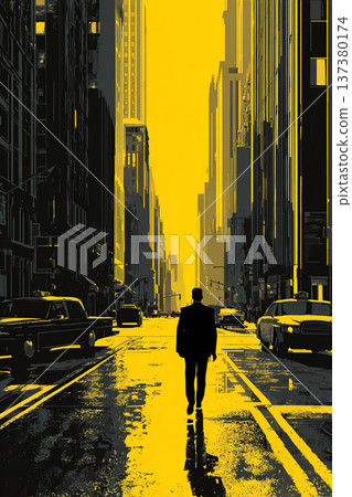 An illustration in bold yellow and black, featuring the silhouette of a man walking down a bustling New York street flanked by towering skyscrapers in a comic book style. An illustration in bold yellow and black, featuring the silhouette of a man walking down a bustling New York street flanked by towering skyscrapers in a comic book style. 137380174