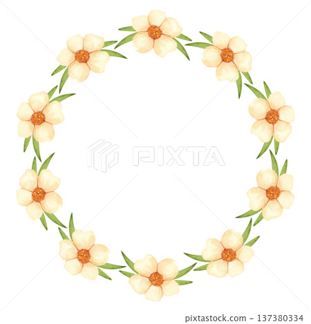 Round frame with fresh flowers and green leaves. Hand painted watercolor spring wreath. Round frame with fresh flowers and green leaves. Hand painted watercolor spring wreath. 137380334