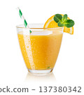 Glass of fresh orange juice with slice and sprig of mint isolated on white background 137380342