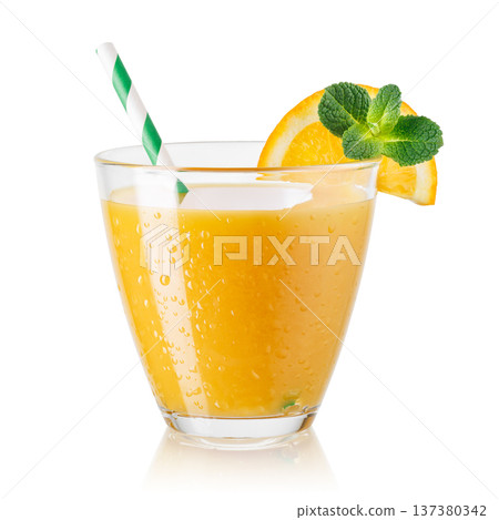 Glass of fresh orange juice with slice and sprig of mint isolated on white background Glass of fresh orange juice with slice and sprig of mint isolated on white background 137380342