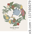 botanical wreath with teapot pouring herbal tea 137380679