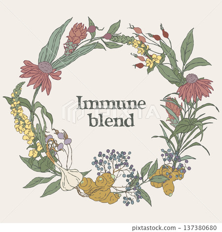 Hand drawn round wreath made of immune tea 137380680