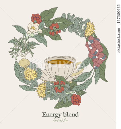 round wreath made of energy tea medicinal plants 137380683